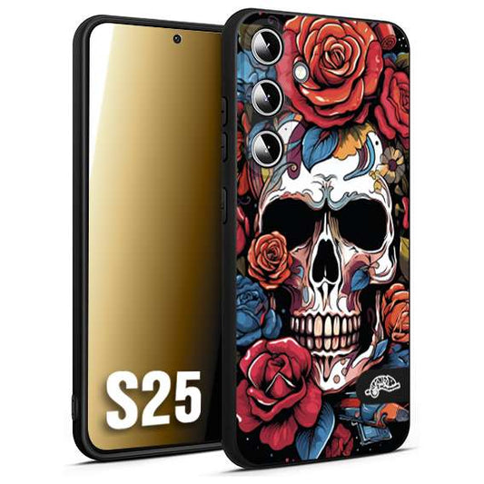 CUSTOMIZZA - Custodia cover nera morbida in tpu compatibile per Samsung S25 teschio skull flowers fiori rose rosse tattoo disegnato