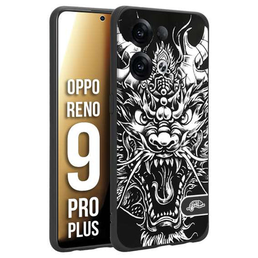 CUSTOMIZZA - Custodia cover nera morbida in tpu compatibile per Oppo Reno 9 PRO PLUS drago black and white bianco a rilievo disegnato tattoo tatuaggio