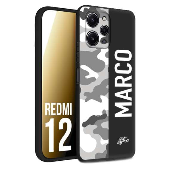 CUSTOMIZZA - Custodia cover nera morbida in tpu compatibile per Xiaomi Redmi 12 camouflage mimetico militare personalizzata nome bianco