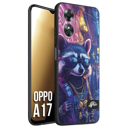 CUSTOMIZZA - Custodia cover nera morbida in tpu compatibile per Oppo A17 animali simpatici cyberpunk procione racoon street cat fucsia blu giallo