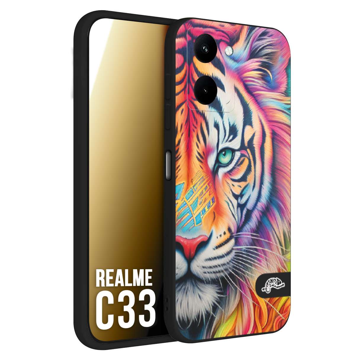 CUSTOMIZZA - Custodia cover nera morbida in tpu compatibile per Oppo Realme C33 animali color tigre tiger viso colori vibranti disegnato schizzo