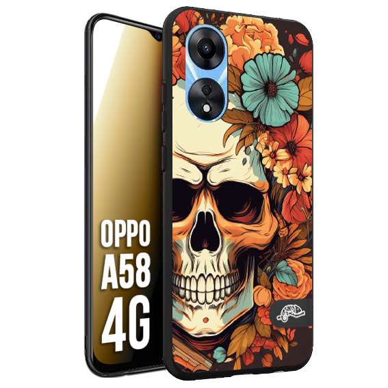 CUSTOMIZZA - Custodia cover nera morbida in tpu compatibile per Oppo A58 4G teschio skull flowers fiori autunnali arancio celeste tattoo