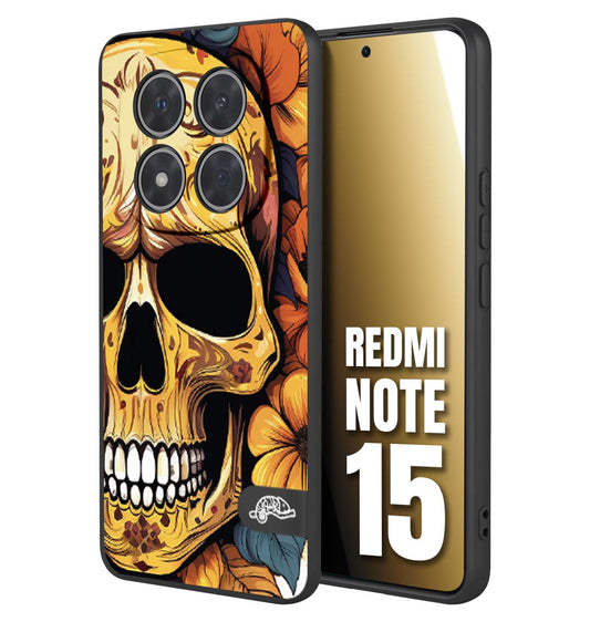 CUSTOMIZZA - Custodia cover nera morbida in tpu compatibile per Xiaomi Redmi Note 15 teschio messicano colorato dorato fiori autunnali disegnato
