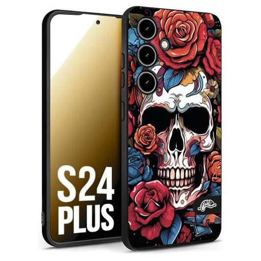 CUSTOMIZZA - Custodia cover nera morbida in tpu compatibile per Samsung S24 PLUS teschio skull flowers fiori rose rosse tattoo disegnato