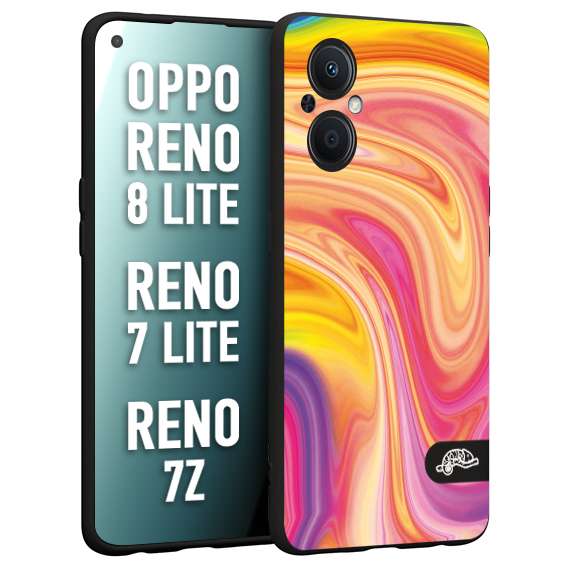 CUSTOMIZZA - Custodia cover nera morbida in tpu compatibile per Oppo Reno 7 Lite - 8 Lite - 7Z colorata fantasia vortice marmo onde rosa fucsia gialla