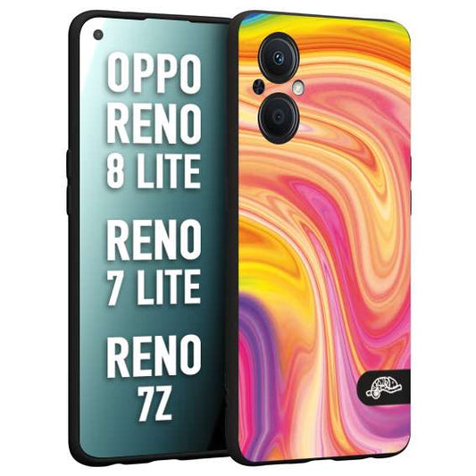 CUSTOMIZZA - Custodia cover nera morbida in tpu compatibile per Oppo Reno 7 Lite - 8 Lite - 7Z colorata fantasia vortice marmo onde rosa fucsia gialla