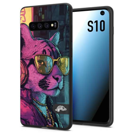 CUSTOMIZZA - Custodia cover nera morbida in tpu compatibile per Samsung S10 animali cyberpunk pantera street cat fucsia blu giallo