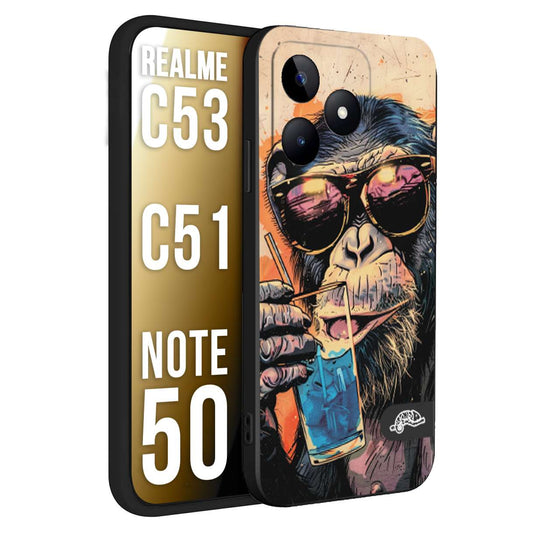 CUSTOMIZZA - Custodia cover nera morbida in tpu compatibile per Oppo Realme C53 - C51 - NOTE 50 estate disegnata cocktails animali simpatici scimmia monkey negroni