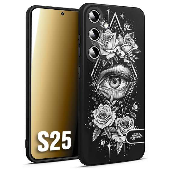 CUSTOMIZZA - Custodia cover nera morbida in tpu compatibile per Samsung S25 occhio fiori rombo geometrico black and white bianco a rilievo disegnato tattoo tatuaggio