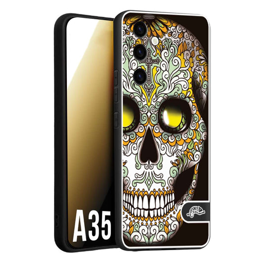 CUSTOMIZZA - Custodia cover nera morbida in tpu compatibile per Samsung A35 5G teschio messicano Mexican skull bianco verde giallo