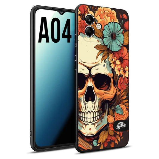 CUSTOMIZZA - Custodia cover nera morbida in tpu compatibile per Samsung A04 teschio skull flowers fiori autunnali arancio celeste tattoo
