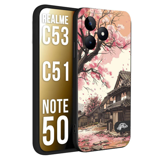 CUSTOMIZZA - Custodia cover nera morbida in tpu compatibile per Realme C53 - C51 - NOTE 50 casa giapponese rosa ciliegio in fiore disegnata tattoo