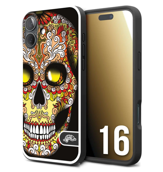 CUSTOMIZZA - Custodia cover nera morbida in tpu compatibile per iPhone 16 teschio messicano Mexican skull giallo rosso arancio