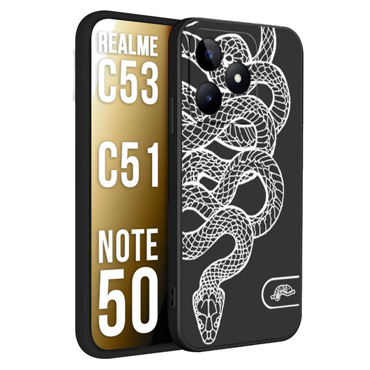 CUSTOMIZZA - Custodia cover nera morbida in tpu compatibile per Oppo Realme C53 - C51 - NOTE 50 serpente snake bianco a rilievo disegnato tattoo tatuaggio