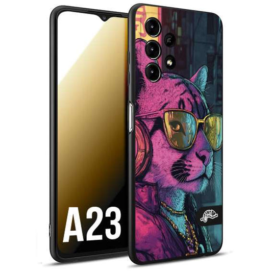 CUSTOMIZZA - Custodia cover nera morbida in tpu compatibile per Samsung A23 animali cyberpunk pantera street cat fucsia blu giallo