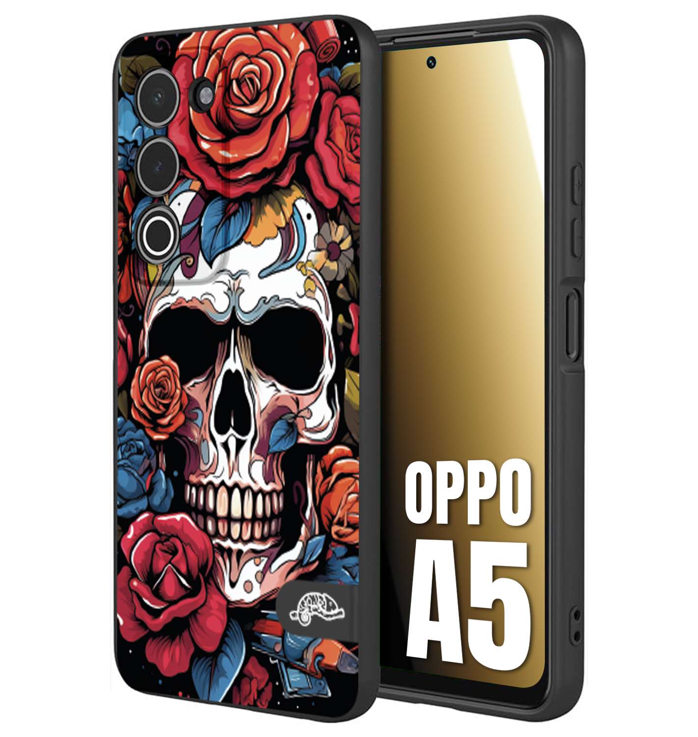 CUSTOMIZZA - Custodia cover nera morbida in tpu compatibile per Oppo A5 teschio skull flowers fiori rose rosse tattoo disegnato