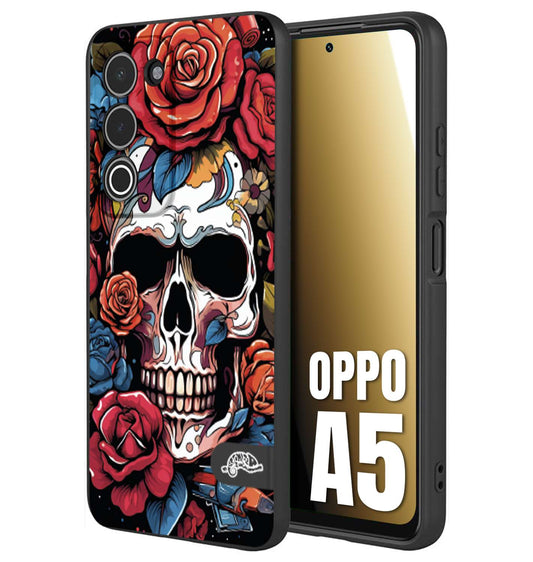 CUSTOMIZZA - Custodia cover nera morbida in tpu compatibile per Oppo A5 teschio skull flowers fiori rose rosse tattoo disegnato