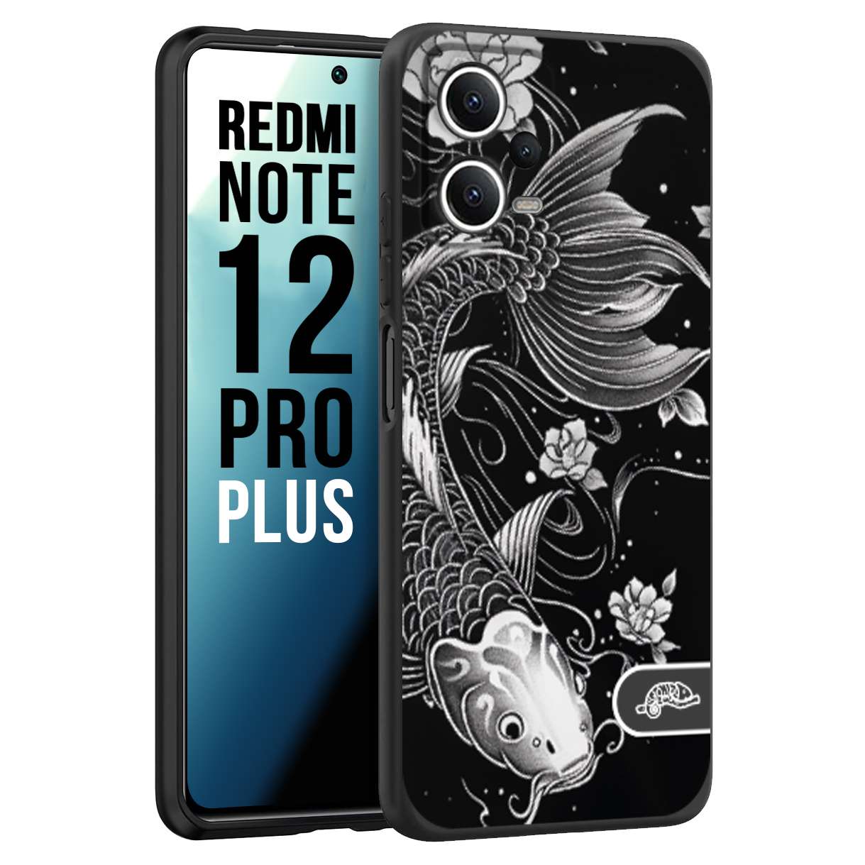 CUSTOMIZZA - Custodia cover nera morbida in tpu compatibile per Xiaomi Redmi Note 12 PRO PLUS carpa koi black and white bianco a rilievo disegnato tattoo tatuaggio