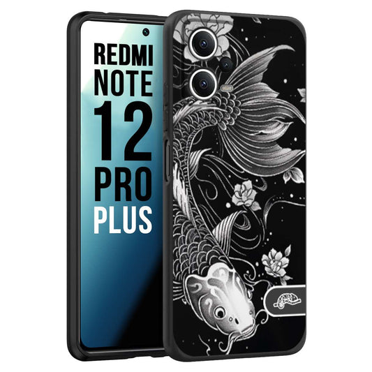 CUSTOMIZZA - Custodia cover nera morbida in tpu compatibile per Xiaomi Redmi Note 12 PRO PLUS carpa koi black and white bianco a rilievo disegnato tattoo tatuaggio