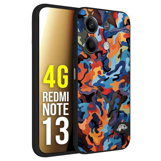 CUSTOMIZZA - Custodia cover nera morbida in tpu compatibile per Xiaomi Redmi Note 13 4G camouflage mimetico militare moderno blu arancio rosso