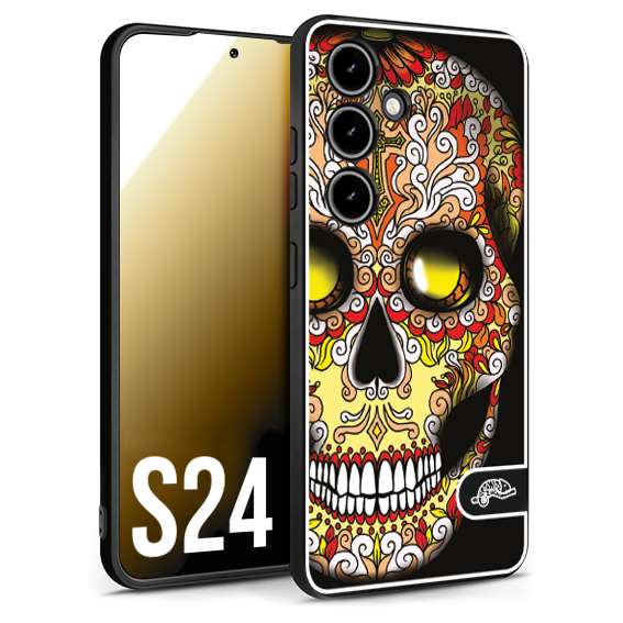 CUSTOMIZZA - Custodia cover nera morbida in tpu compatibile per Samsung S24 teschio messicano Mexican skull giallo rosso arancio