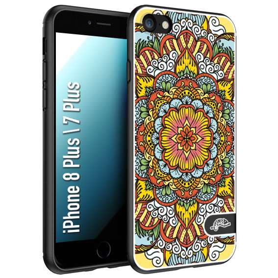 CUSTOMIZZA - Custodia cover nera morbida in tpu compatibile per iPhone 7 Plus - 8 plus mandala colorato fiore nuvole arancione