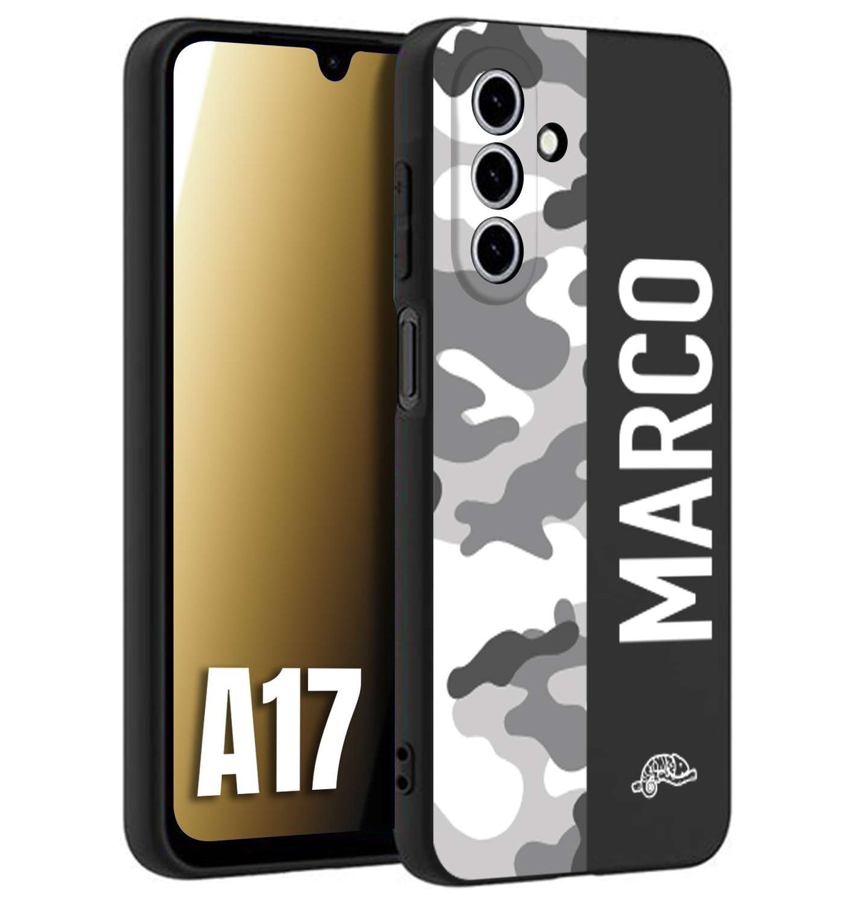 CUSTOMIZZA - Custodia cover nera morbida in tpu compatibile per Samsung A17 camouflage mimetico militare personalizzata nome bianco