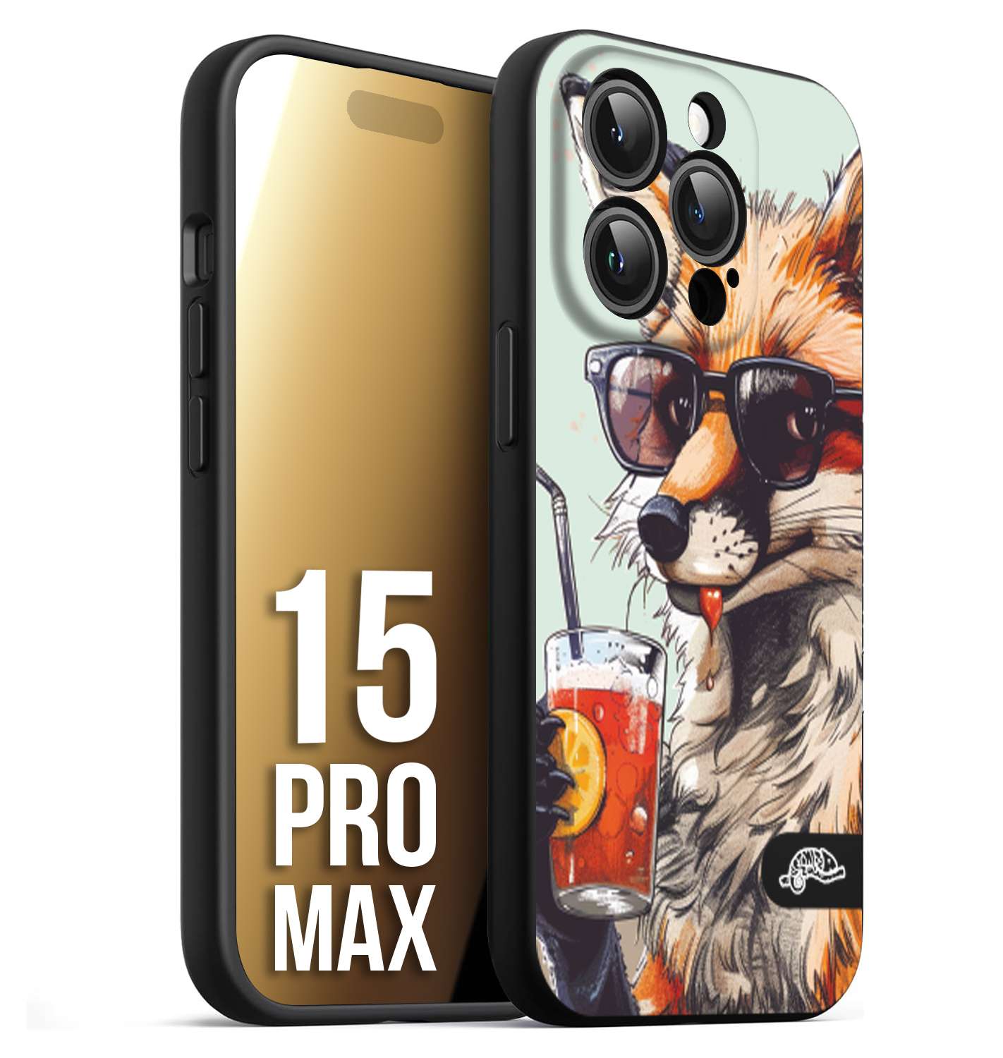 CUSTOMIZZA - Custodia cover nera morbida in tpu compatibile per iPhone 15 PRO MAX estate disegnata cocktails animali simpatici fox volpe negroni