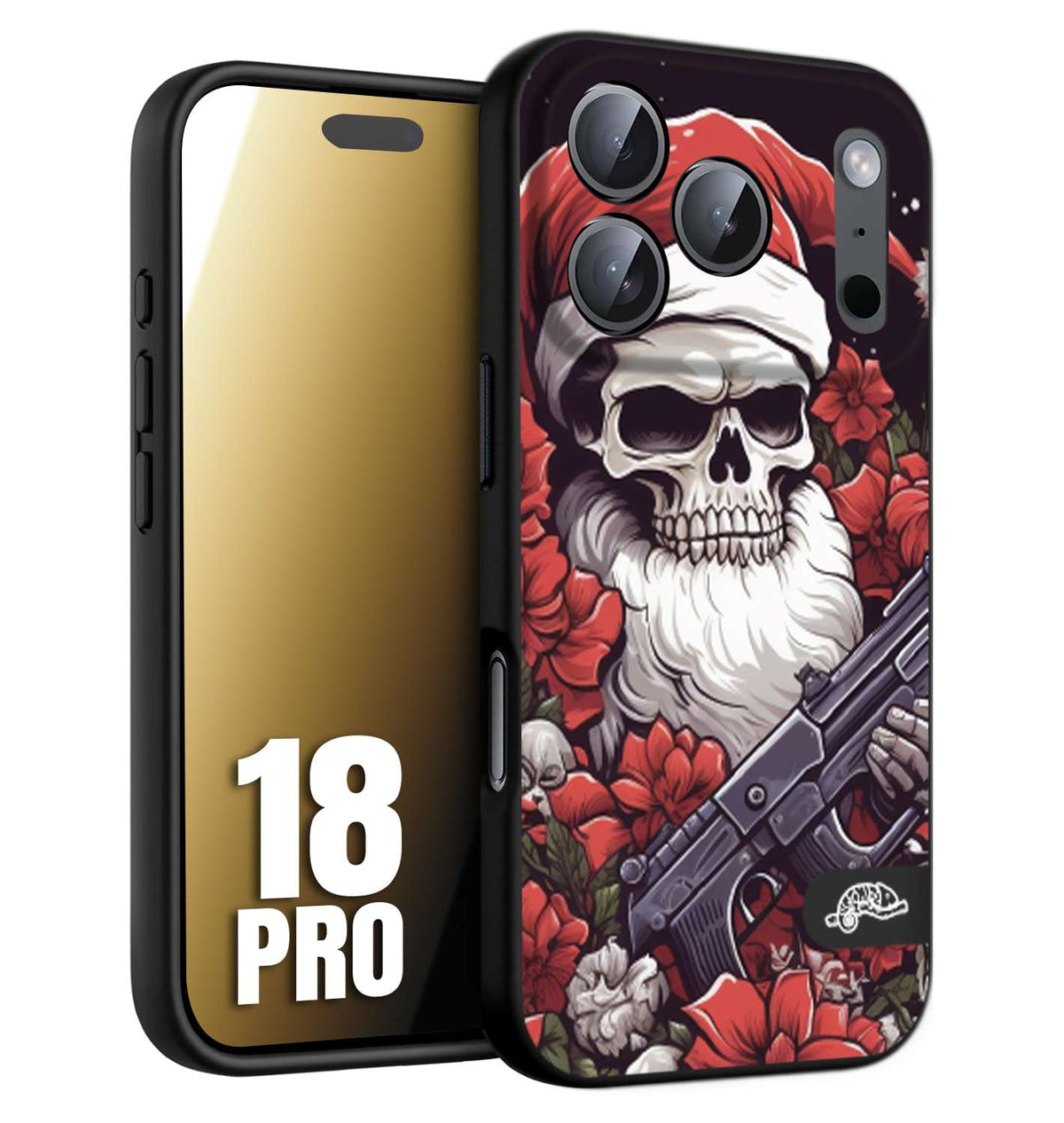 CUSTOMIZZA - Custodia cover nera morbida in tpu compatibile per iPhone 18 PRO teschio natale santa claus fiori tattoo disegnato
