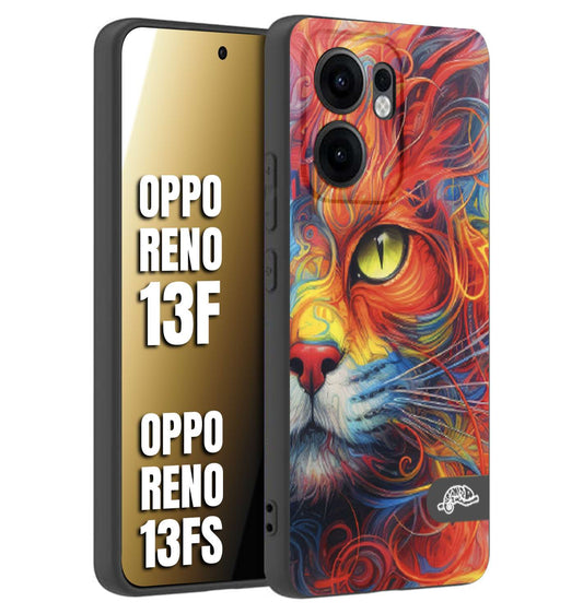 CUSTOMIZZA - Custodia cover nera morbida in tpu compatibile per Oppo Reno 13 F animali color cat gatto viso colori vibranti disegnato schizzo