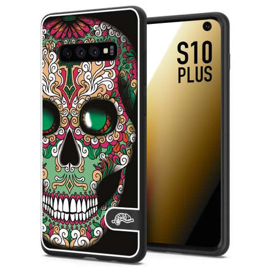 CUSTOMIZZA - Custodia cover nera morbida in tpu compatibile per Samsung S10 PLUS teschio messicano Mexican skull verde fucsia