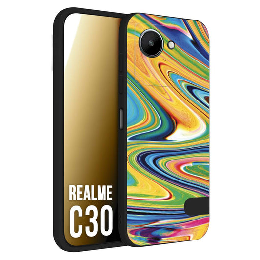 CUSTOMIZZA - Custodia cover nera morbida in tpu compatibile per Realme C30 colorata fantasia vortice marmo arcobaleno gialla verde blu