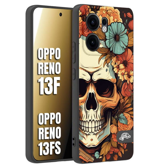 CUSTOMIZZA - Custodia cover nera morbida in tpu compatibile per Oppo Reno 13 F teschio skull flowers fiori autunnali arancio celeste tattoo
