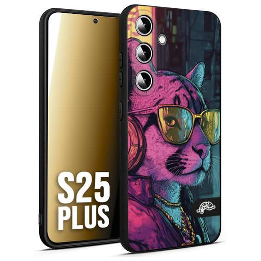 CUSTOMIZZA - Custodia cover nera morbida in tpu compatibile per Samsung S25 PLUS animali cyberpunk pantera street cat fucsia blu giallo