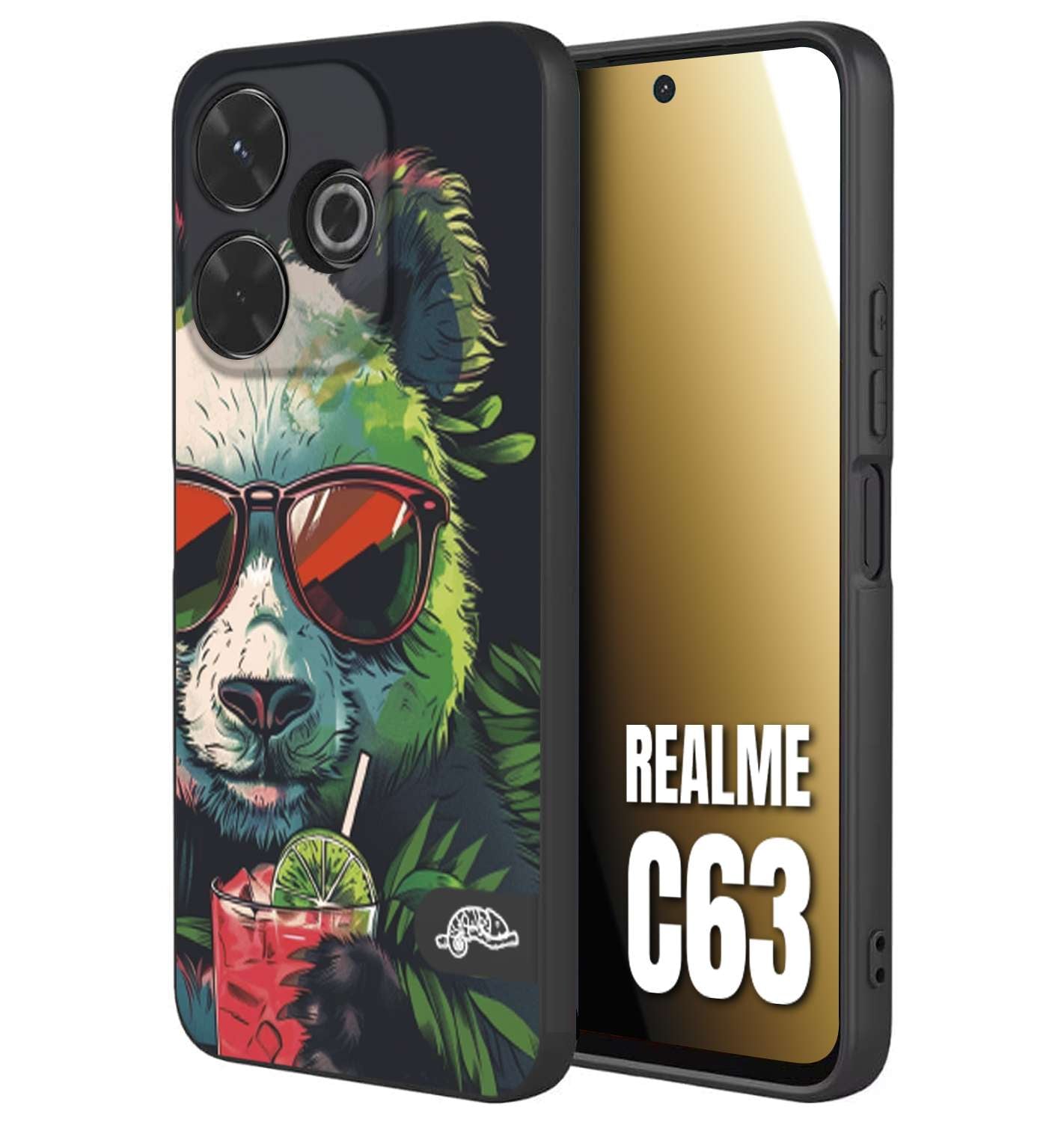 CUSTOMIZZA - Custodia cover nera morbida in tpu compatibile per Realme C63 estate disegnata cocktails animali simpatici panda mojito
