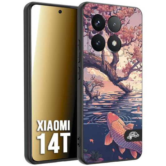 CUSTOMIZZA - Custodia cover nera morbida in tpu compatibile per Xiaomi 14T giapponese lago carpa koi rosa con foglie d'acero disegnata tattoo