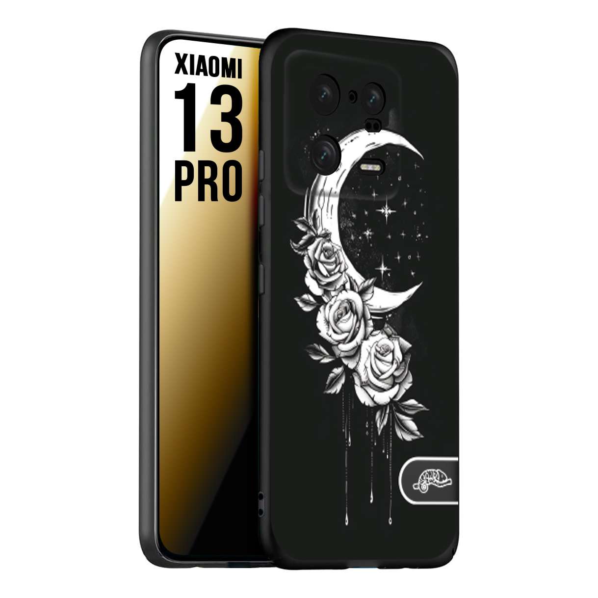 CUSTOMIZZA - Custodia cover nera morbida in tpu compatibile per Xiaomi 13 PRO luna e fiori moon flowers black and white bianco a rilievo disegnato tattoo tatuaggio