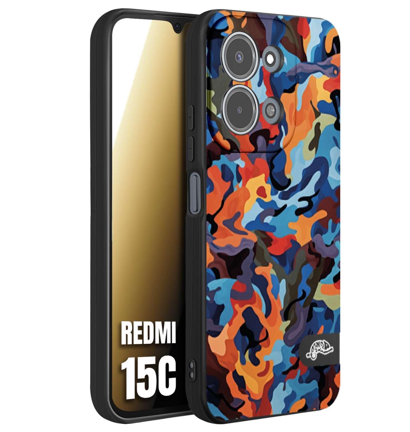 CUSTOMIZZA - Custodia cover nera morbida in tpu compatibile per Xiaomi Redmi 15C camouflage mimetico militare moderno blu arancio rosso