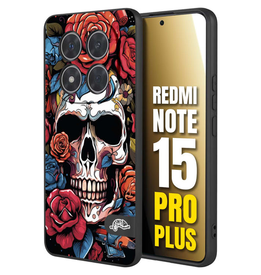 CUSTOMIZZA - Custodia cover nera morbida in tpu compatibile per Xiaomi Redmi Note 15 PRO PLUS teschio skull flowers fiori rose rosse tattoo disegnato