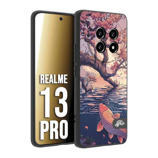 CUSTOMIZZA - Custodia cover nera morbida in tpu compatibile per Realme 13 PRO giapponese lago carpa koi rosa con foglie d'acero disegnata tattoo