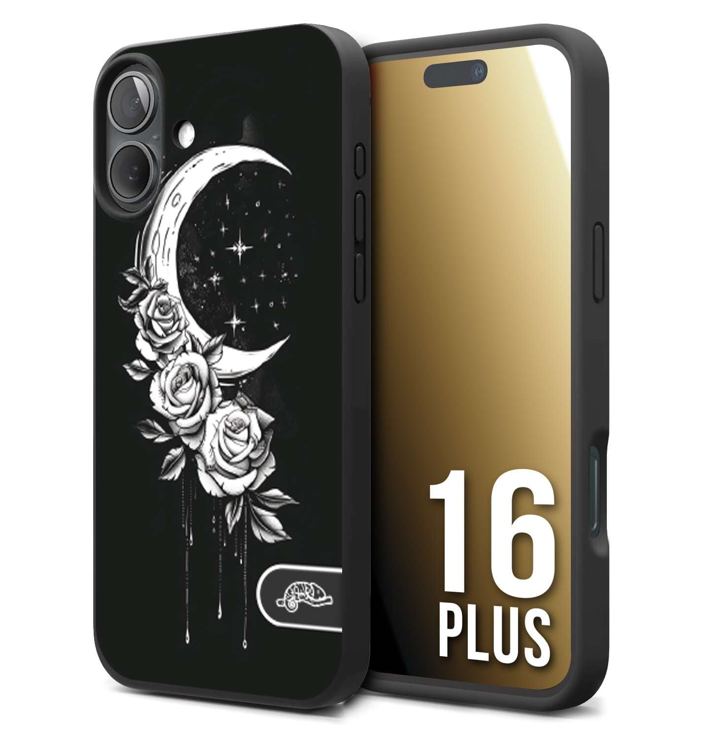 CUSTOMIZZA - Custodia cover nera morbida in tpu compatibile per iPhone 16 PLUS luna e fiori moon flowers black and white bianco a rilievo disegnato tattoo tatuaggio