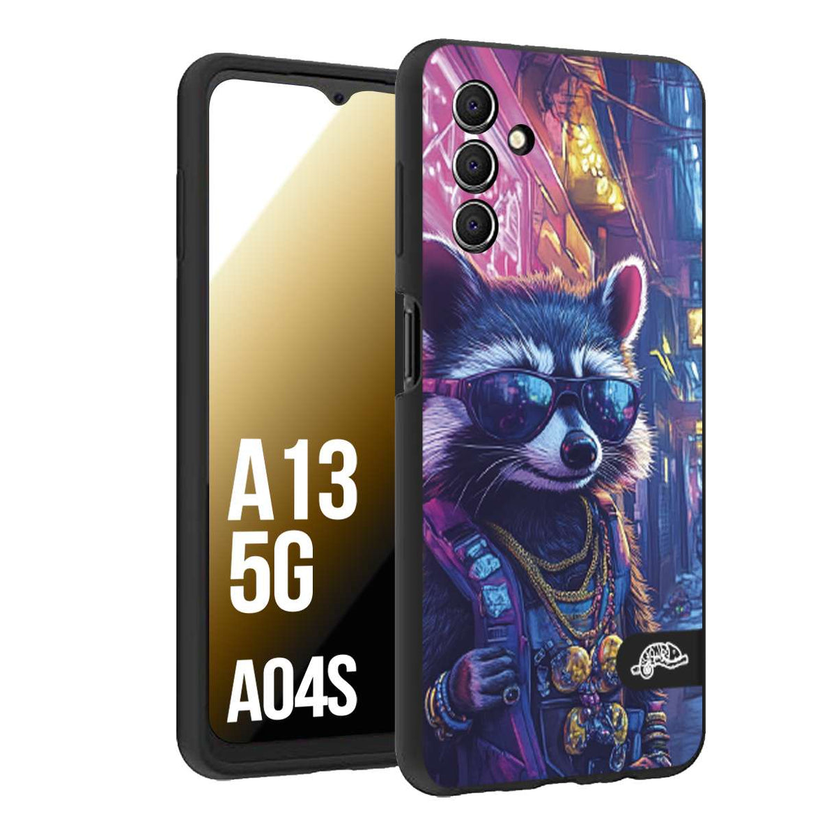 CUSTOMIZZA - Custodia cover nera morbida in tpu compatibile per Samsung A04S - A13 5G animali simpatici cyberpunk procione racoon street cat fucsia blu giallo