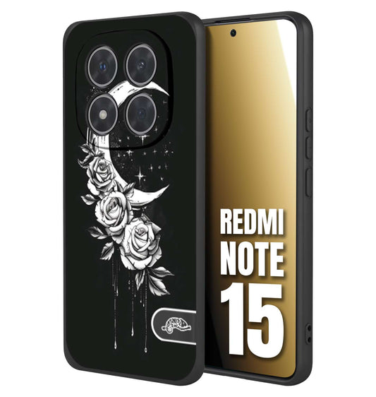 CUSTOMIZZA - Custodia cover nera morbida in tpu compatibile per Xiaomi Redmi Note 15 luna e fiori moon flowers black and white bianco a rilievo disegnato