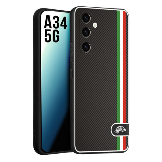 CUSTOMIZZA - Custodia cover nera morbida in tpu compatibile per Samsung A34 5G effetto fibra di carbonio bandiera Italia made in Italy