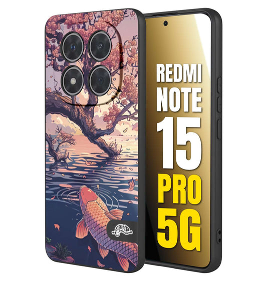 CUSTOMIZZA - Custodia cover nera morbida in tpu compatibile per Xiaomi Redmi Note 15 PRO 5G giapponese lago carpa koi rosa con foglie d'acero disegnata tattoo