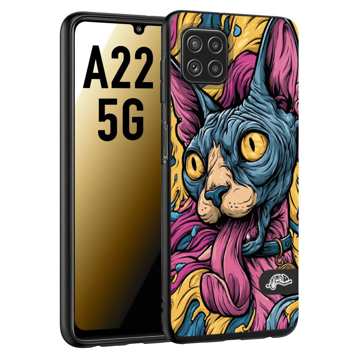 CUSTOMIZZA - Custodia cover nera morbida in tpu compatibile per Samsung A22 5G Sphynx Colorato Pop Art Psichedelico Gatto Blu Rosa Giallo Artistica Fantasy