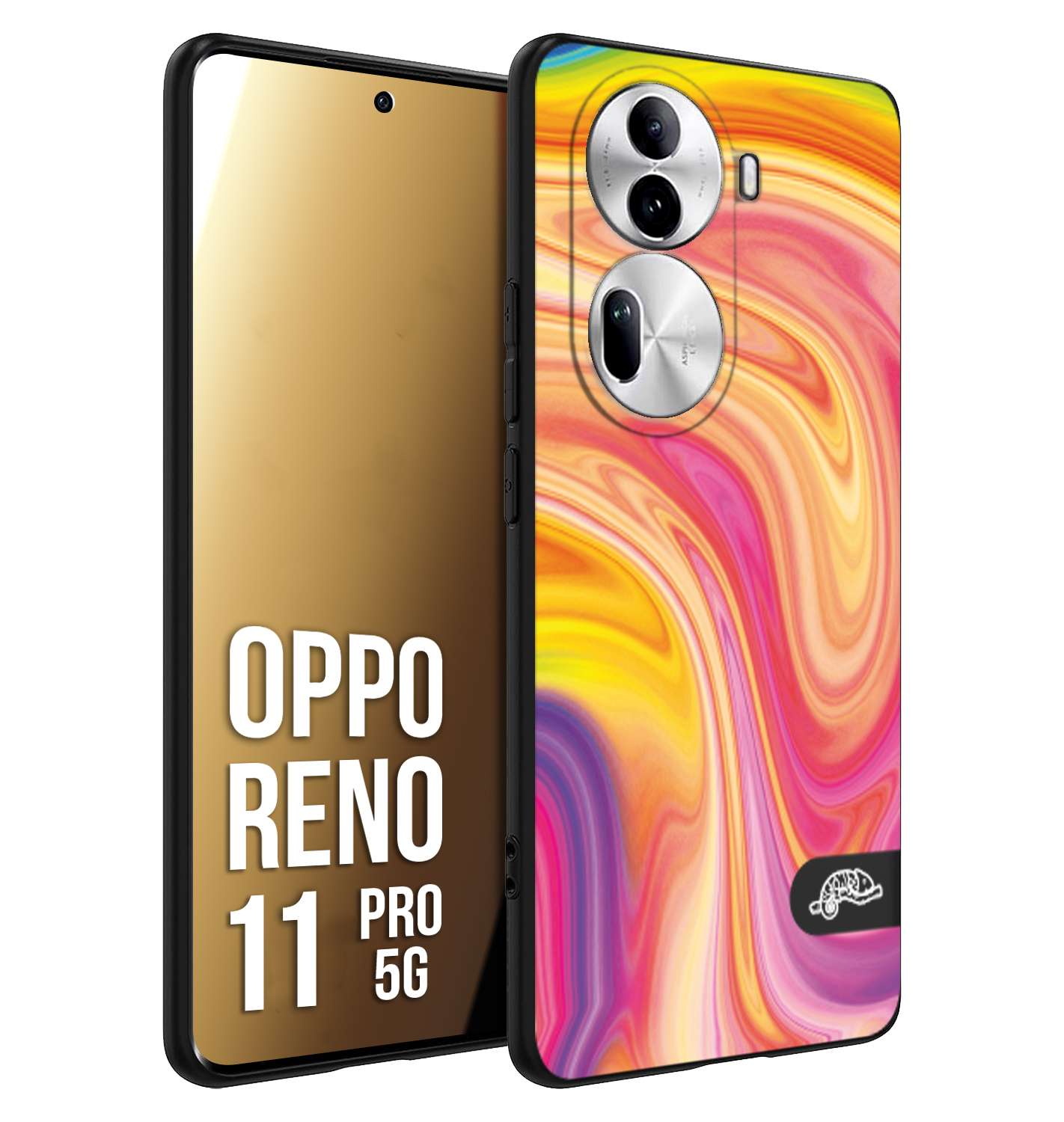 CUSTOMIZZA - Custodia cover nera morbida in tpu compatibile per Oppo Reno 11 PRO 5G colorata fantasia vortice marmo onde rosa fucsia gialla
