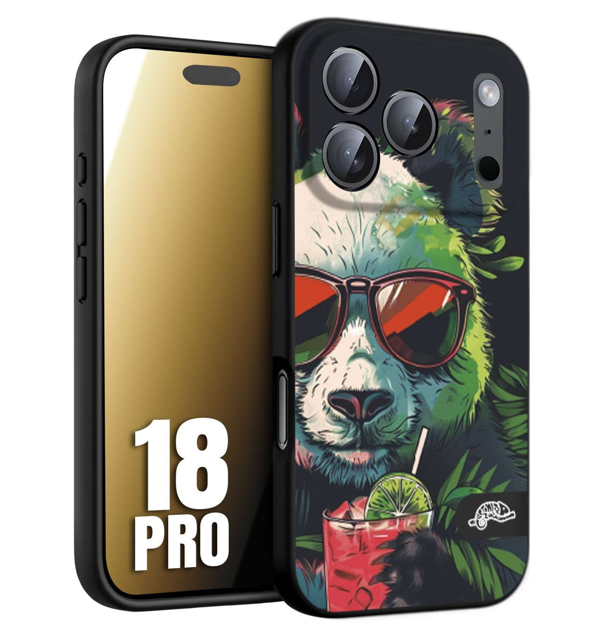 CUSTOMIZZA - Custodia cover nera morbida in tpu compatibile per iPhone 18 PRO estate disegnata cocktails animali simpatici panda mojito