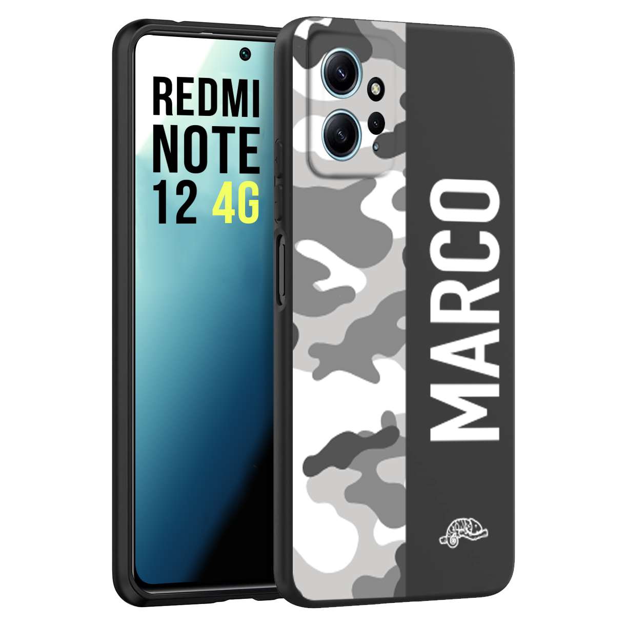 CUSTOMIZZA - Custodia cover nera morbida in tpu compatibile per Xiaomi Redmi Note 12 4G camouflage mimetico militare personalizzata nome bianco