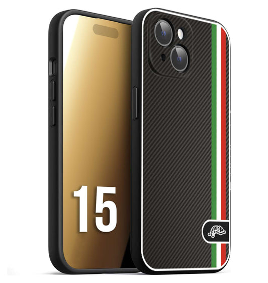 CUSTOMIZZA - Custodia cover nera morbida in tpu compatibile per iPhone 15 effetto fibra di carbonio bandiera Italia made in Italy